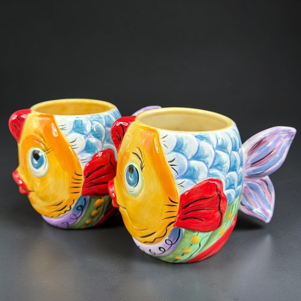 Tabletops Lifestyles Vissen Fish Mugs Set of‎ 2 Hand Painted Ceramic Blue Yellow